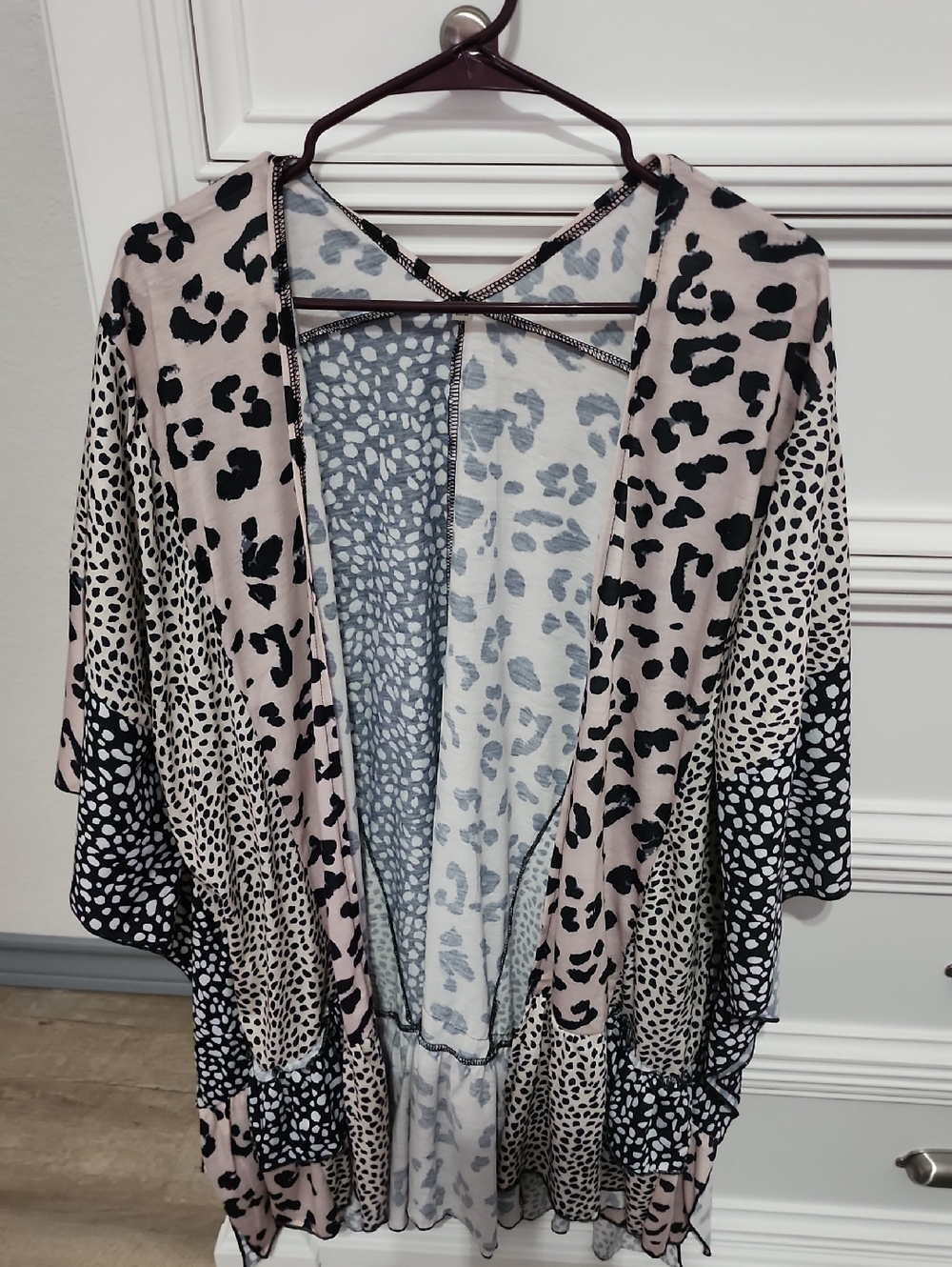 Light Pink and Black Animal-Print Open Cardigan